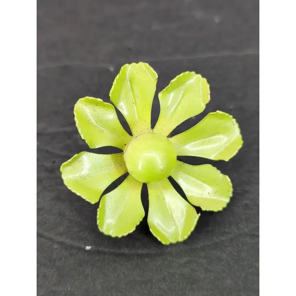 Vintage Enamel Flower Brooch Pin Chartreuse Lime Green Gold Tone Retro